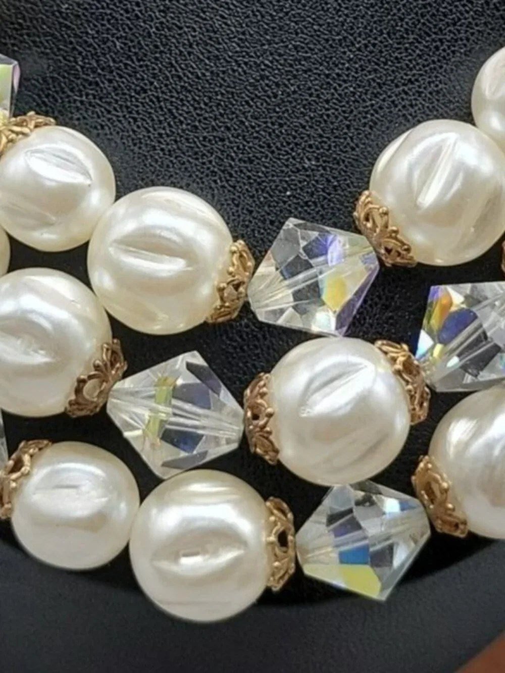 Faux Pearl Choker Multistrand Necklace Aurora Borealis Prism Spacers 16